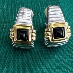 Joan Rivers Ribbed Earrings Silver Tone with Black/Gold Accents like new look